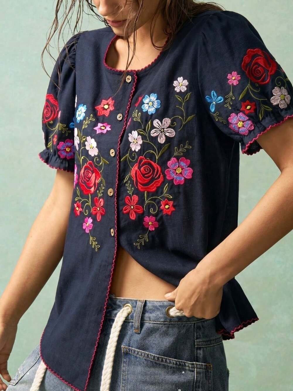 Black Boho Women's Casual Embroidered V-Neck Short Sleeve Woven Blouse - Picture 4 of 7